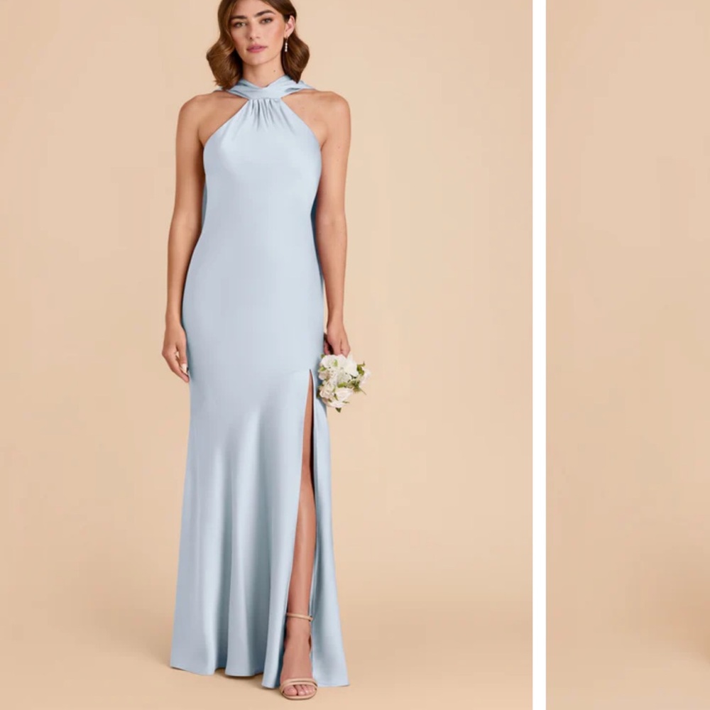 Birdy Grey Mist Blue Matte Satin Halter Maxi Dress